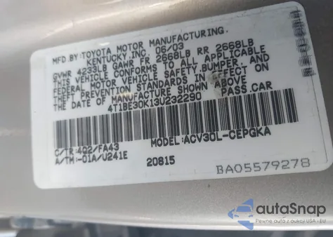 2003 Toyota Camry Xle из США, поврежденный, VIN 4T1BE30K13U232290